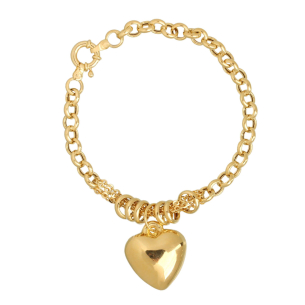 Pulseira Portuguesa com Bailarina com Pingente de Coração Grande Ouro 18k
