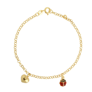 Pulseira Infantil Portuguesa Coração e Joaninha Ouro 18k