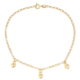 Pulseira Portuguesa Três Corações Lisos Ouro 18k